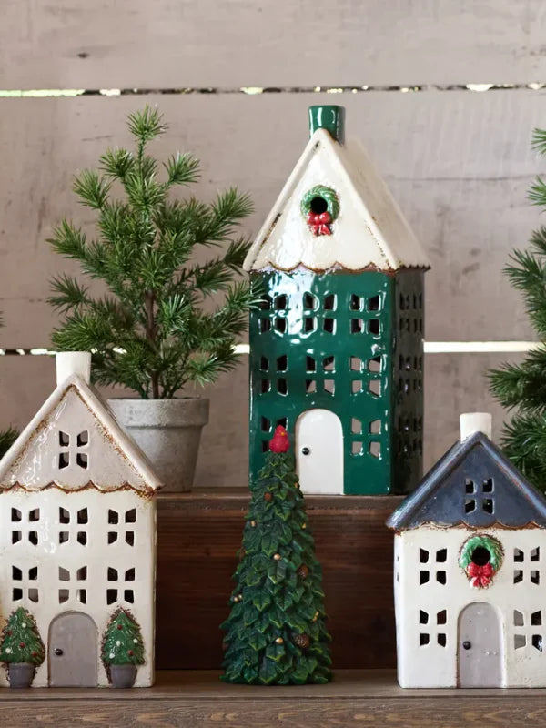 Alsace Tea Light House, Christmas Green with Wreath, Large - French Country