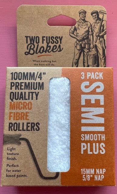 Two Fussy Blokes. Microfibre Semi Smooth Plus Mini Paint Rollers - 15mm nap, 100mm length - 3 pack