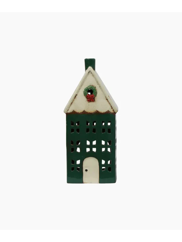Alsace Tea Light House, Christmas Green with Wreath,  Large - French Country