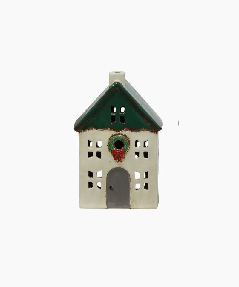 Alsace Tea Light House, Christmas Green with Wreath, small - French Country