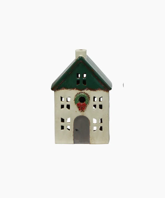 Alsace Tea Light House, Christmas Green with Wreath, small - French Country