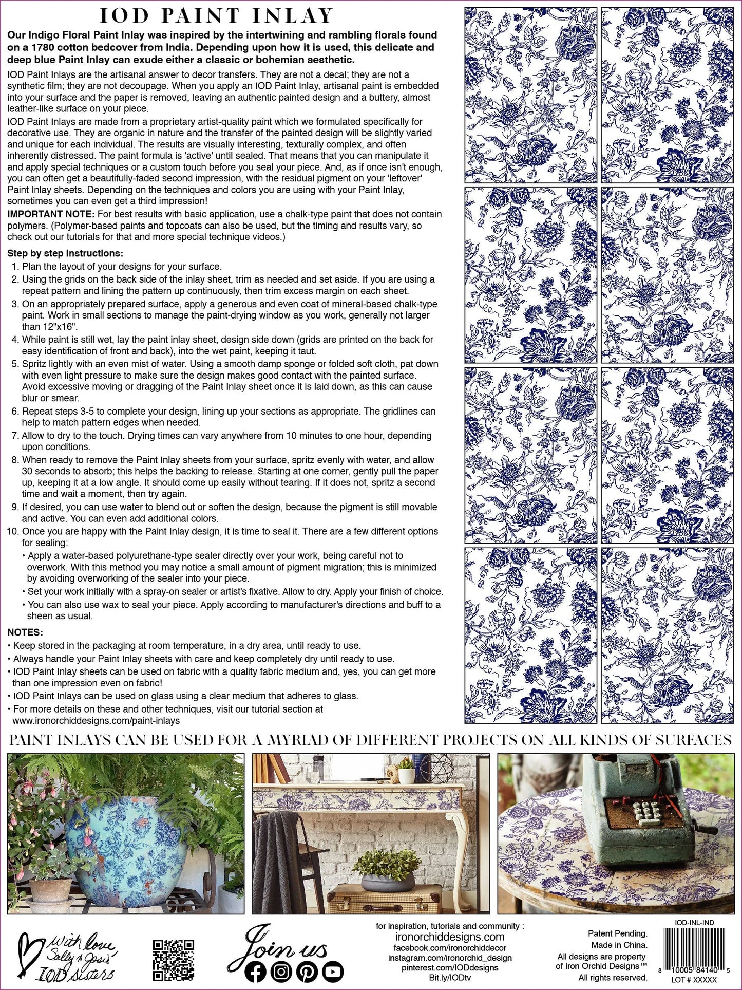 INDIGO FLORAL IOD PAINT INLAY PAD - EIGHT 12X16" SHEETS